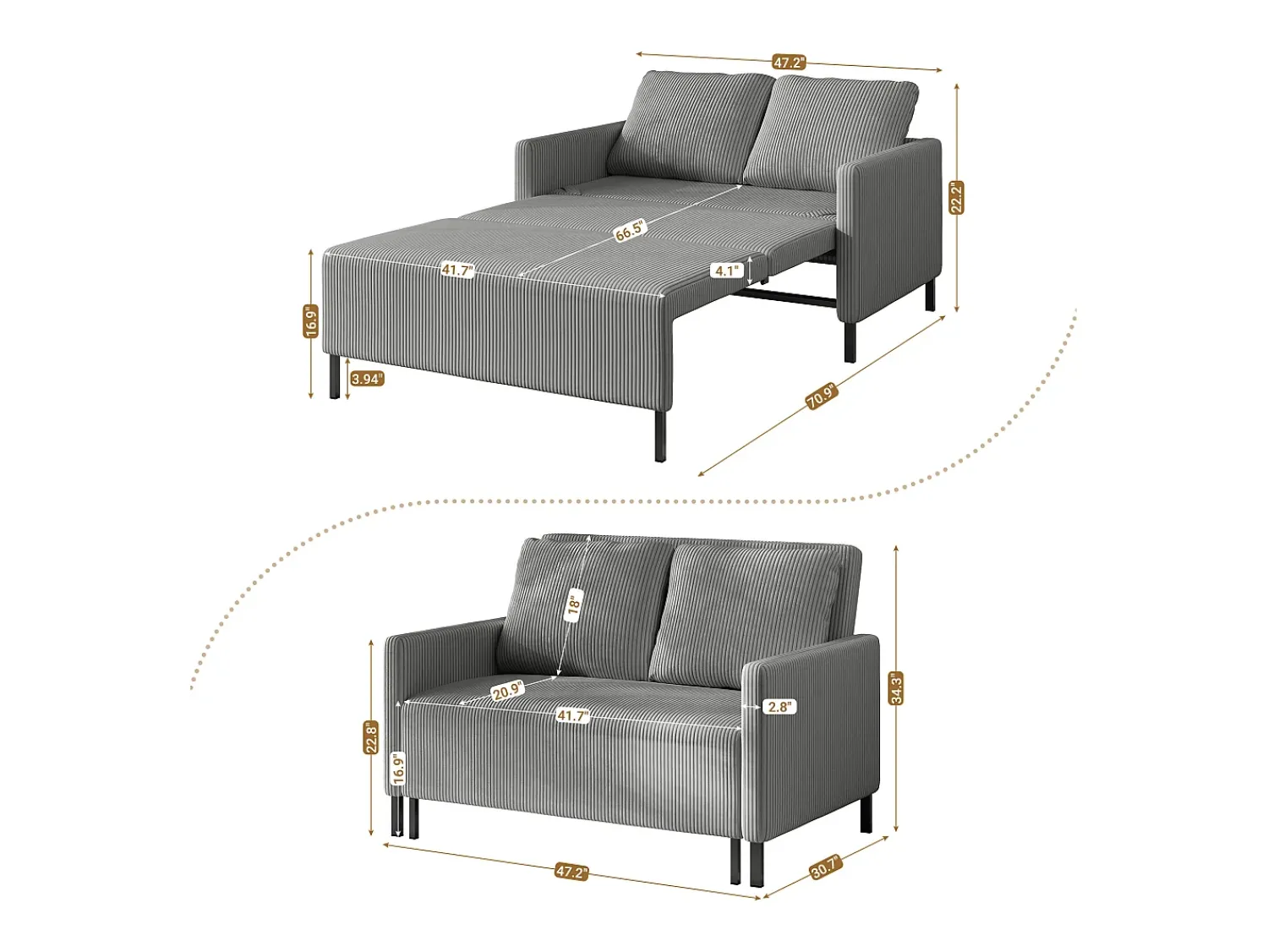 DripeX Sofá conversível de 2 lugares Clique clique, veludo cinza com nervuras, sono de 170 cm, colchão de 10 cm, para estúdio/sala de estar/quarto^ Sofá