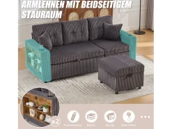 Merax Sofá conversível de 3 lugares - com espaço de armazenamento e cama retrátil + USB + LEDs + porta-copos - veludo - cinza escuro^ Sofá