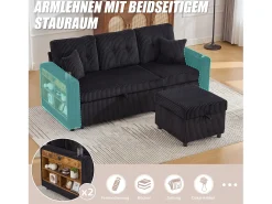 Sofá*Merax Sofá conversível de 3 lugares - com espaço de armazenamento e cama retrátil + USB + LEDs + porta-copos - veludo - Preto