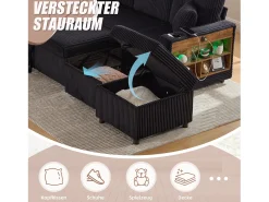 Sofá*Merax Sofá conversível de 3 lugares - com espaço de armazenamento e cama retrátil + USB + LEDs + porta-copos - veludo - Preto