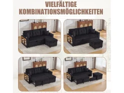 Sofá*Merax Sofá conversível de 3 lugares - com espaço de armazenamento e cama retrátil + USB + LEDs + porta-copos - veludo - Preto