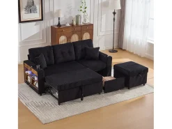 Sofá*Merax Sofá conversível de 3 lugares - com espaço de armazenamento e cama retrátil + USB + LEDs + porta-copos - veludo - Preto