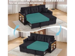 Sofá*Merax Sofá conversível de 3 lugares - com espaço de armazenamento e cama retrátil + USB + LEDs + porta-copos - veludo - Preto