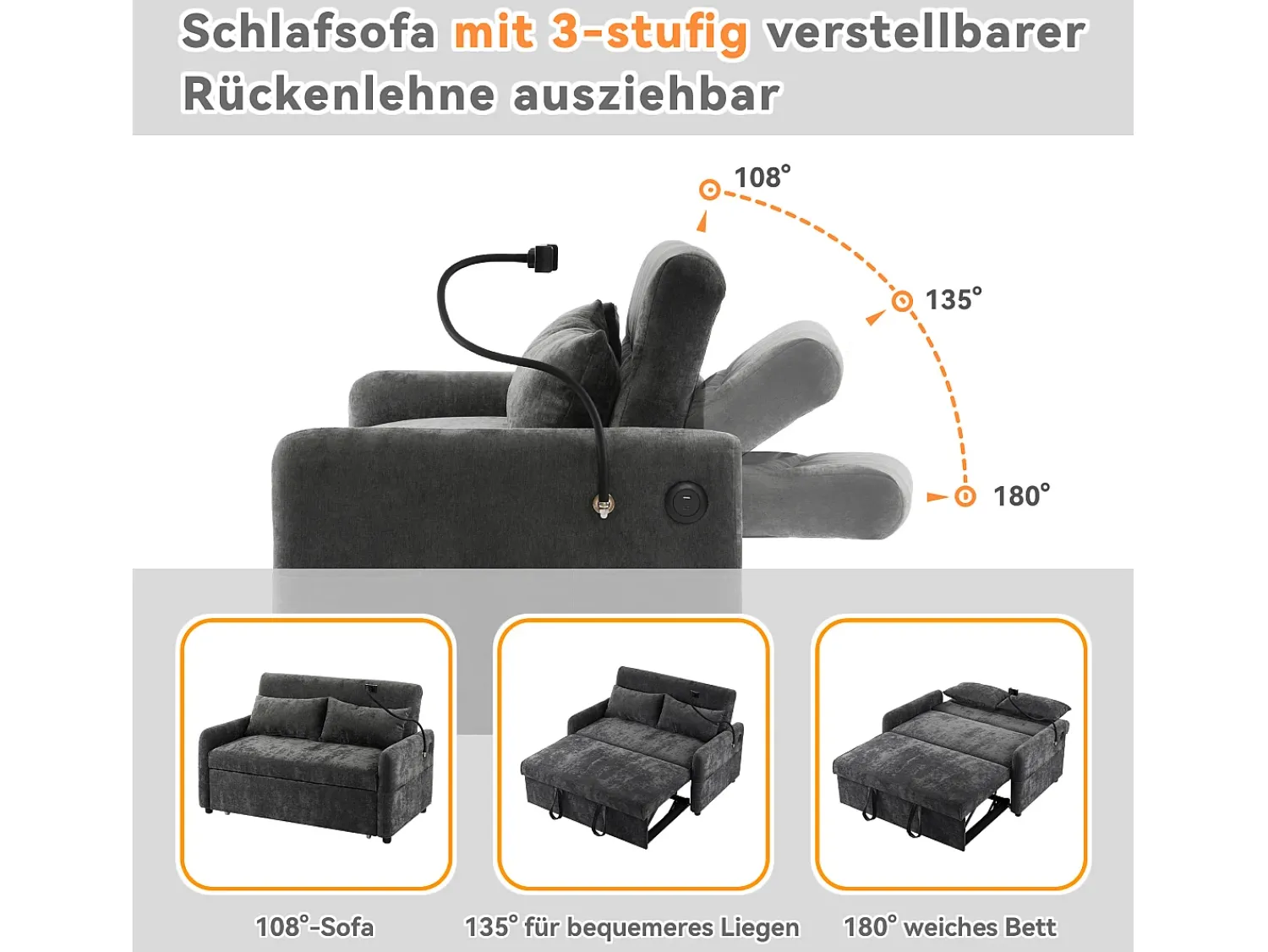 Merax Sofá conversível de 2 lugares com encosto ajustável - Suporte e tomada USB - Tecido Chenille - Função dormir - Cinza^ Sofá