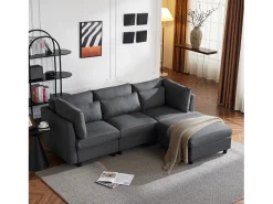 Discount Merax Sofá conversível de canto direito com apoio para pés - Tecido de linho - 220 x 83 x 81 cm - Cinza Cinzento