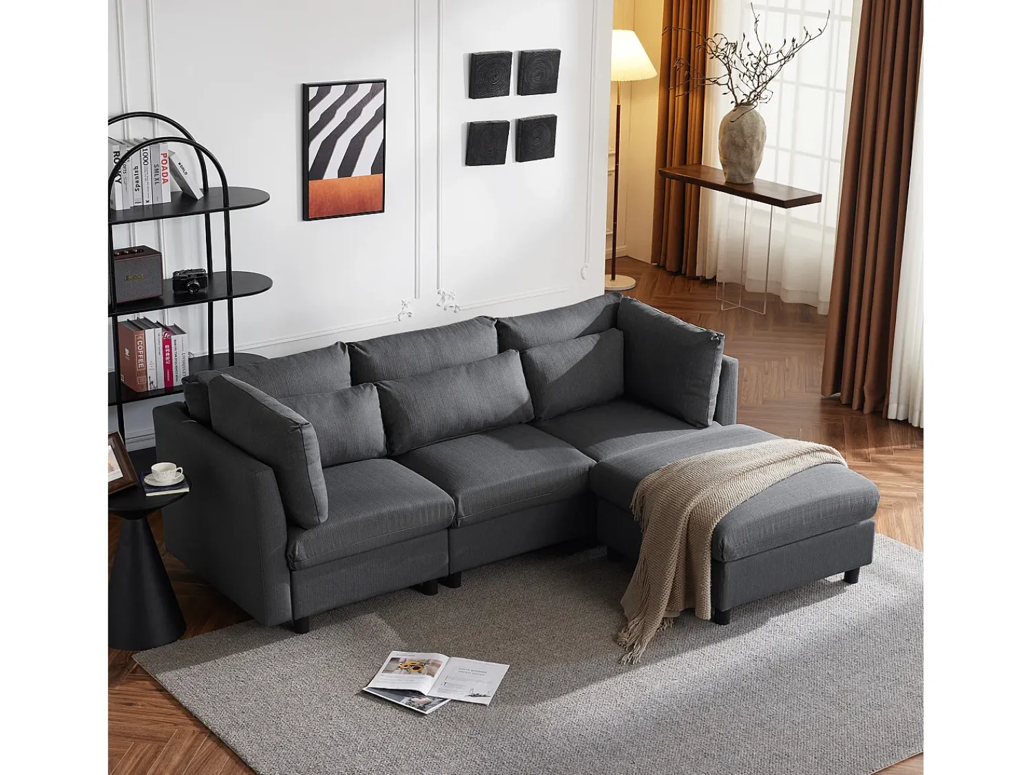 Discount Merax Sofá conversível de canto direito com apoio para pés - Tecido de linho - 220 x 83 x 81 cm - Cinza Cinzento