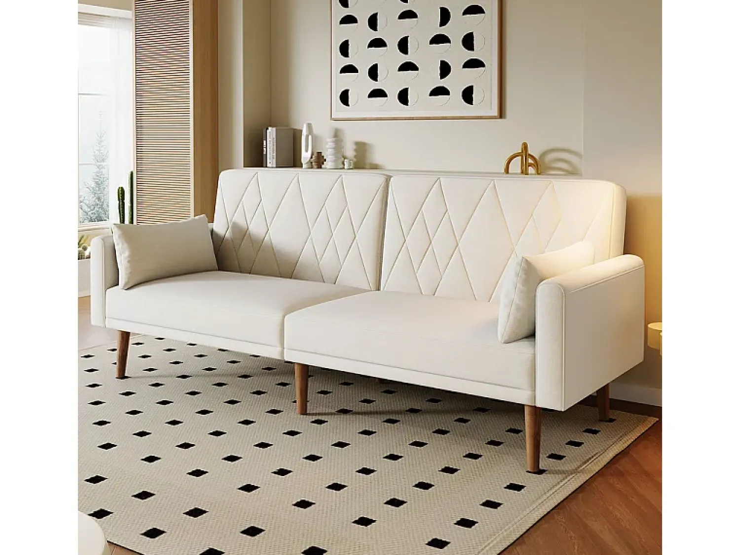 Sofá*DripeX Sofá conversível em veludo - com 2 almofadas - braços e encosto ajustáveis - pés em madeira maciça - 180x75x82cm Bege