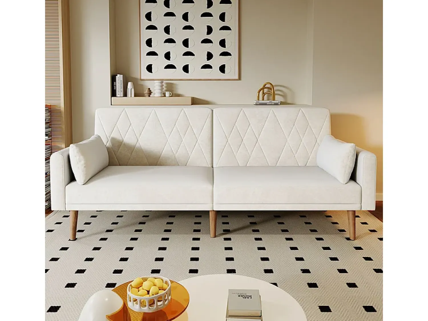Sofá*DripeX Sofá conversível em veludo - com 2 almofadas - braços e encosto ajustáveis - pés em madeira maciça - 180x75x82cm Bege