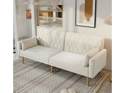 Sofá*DripeX Sofá conversível em veludo - com 2 almofadas - braços e encosto ajustáveis - pés em madeira maciça - 180x75x82cm Bege