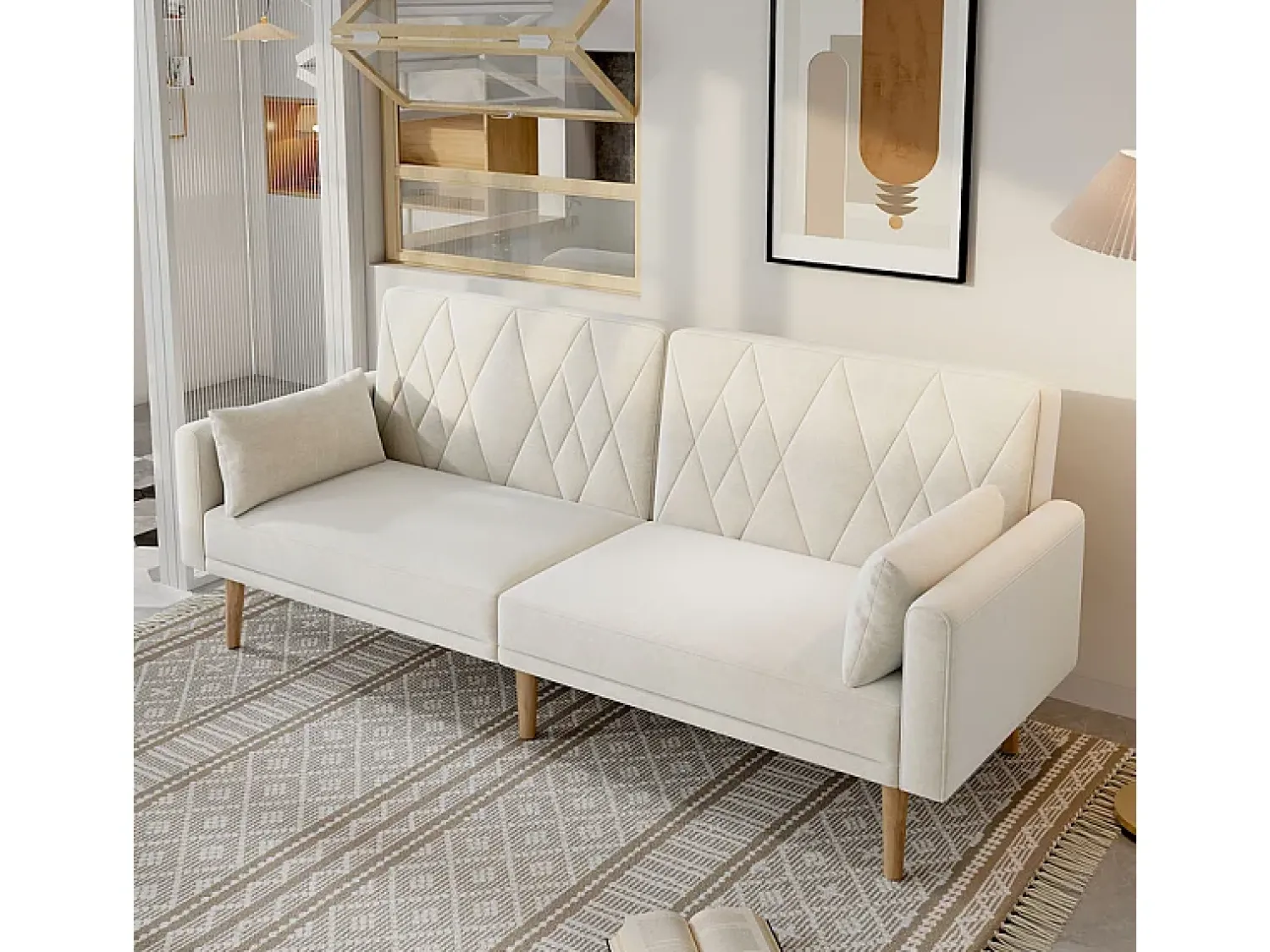 Sofá*DripeX Sofá conversível em veludo - com 2 almofadas - braços e encosto ajustáveis - pés em madeira maciça - 180x75x82cm Bege