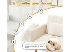 Sofá*DripeX Sofá conversível em veludo - com 2 almofadas - braços e encosto ajustáveis - pés em madeira maciça - 180x75x82cm Bege