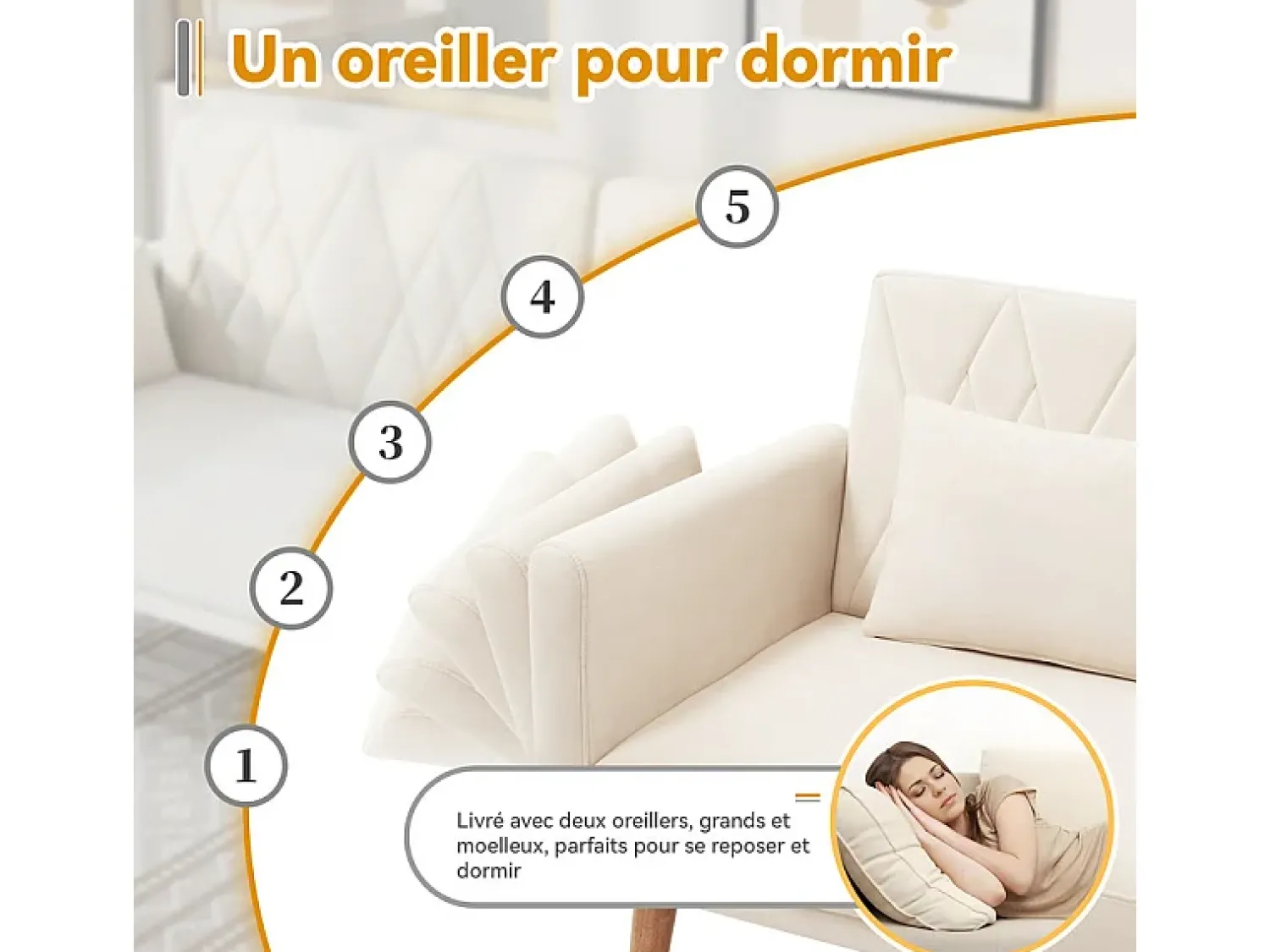 Sofá*DripeX Sofá conversível em veludo - com 2 almofadas - braços e encosto ajustáveis - pés em madeira maciça - 180x75x82cm Bege