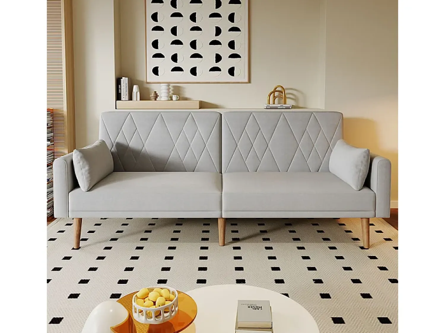 Sofá|DripeX Sofá conversível em veludo cinza - com 2 almofadas - braços e encosto ajustáveis - pés em madeira maciça - 180x75x82cm Cinzento