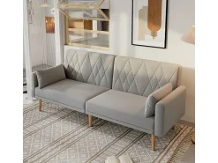 Sofá|DripeX Sofá conversível em veludo cinza - com 2 almofadas - braços e encosto ajustáveis - pés em madeira maciça - 180x75x82cm Cinzento