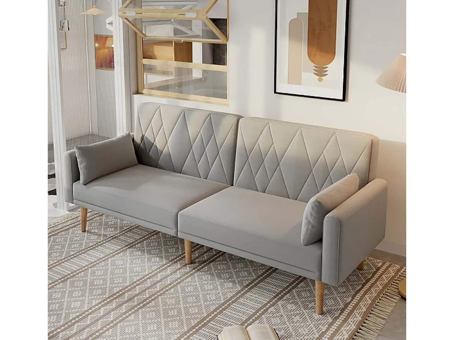 Sofá|DripeX Sofá conversível em veludo cinza - com 2 almofadas - braços e encosto ajustáveis - pés em madeira maciça - 180x75x82cm Cinzento
