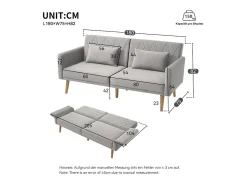 Sofá|DripeX Sofá conversível em veludo cinza - com 2 almofadas - braços e encosto ajustáveis - pés em madeira maciça - 180x75x82cm Cinzento