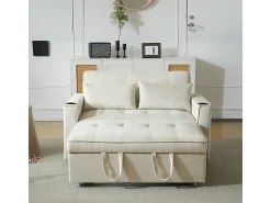 Sofá|DripeX Sofá conversível em veludo - 2 lugares - com 2 travesseiros, bolsos de apoio de braço, suportes de vidro - encosto reclinável - 137x76.5x83cm Bege