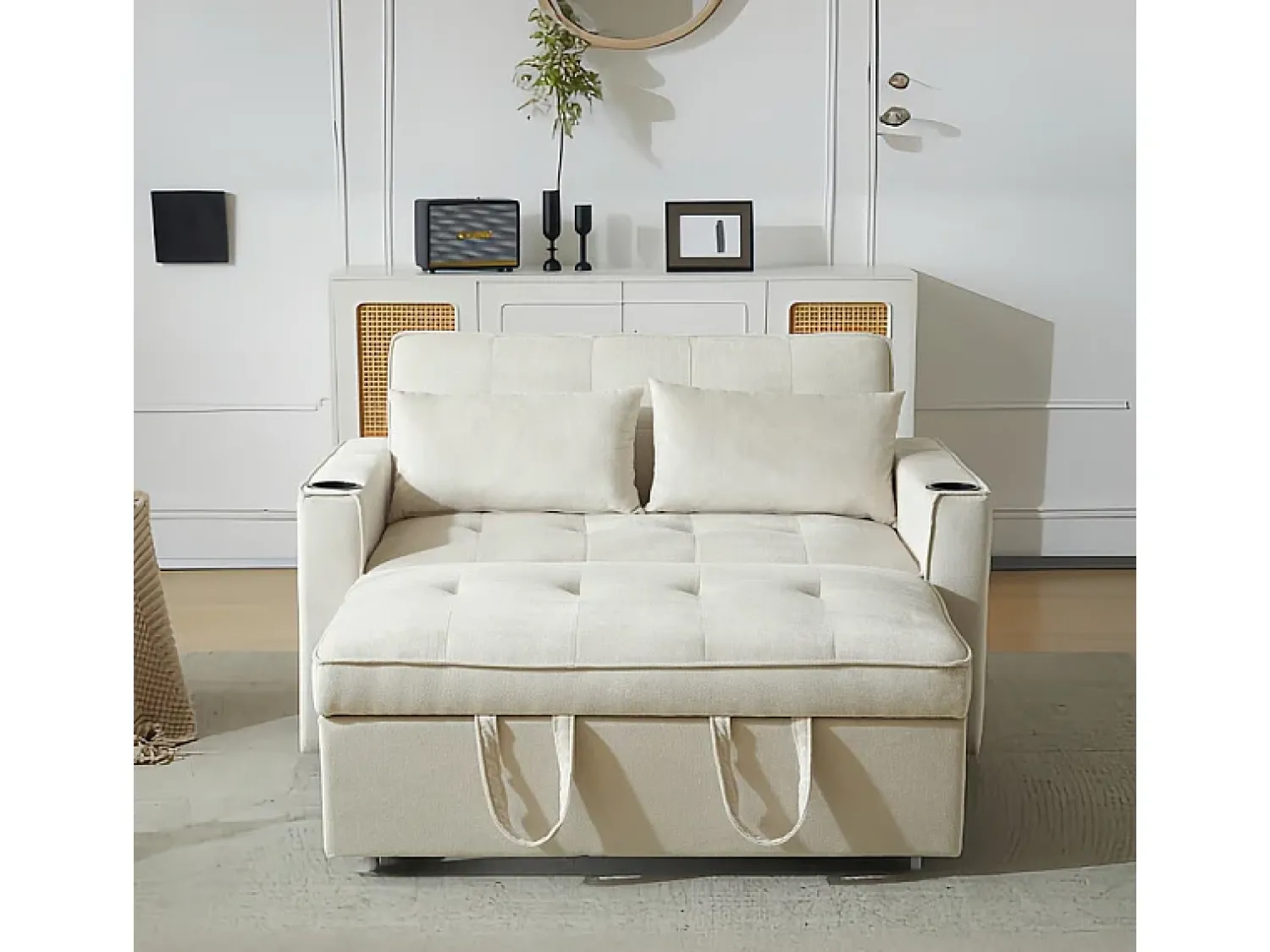 Sofá|DripeX Sofá conversível em veludo - 2 lugares - com 2 travesseiros, bolsos de apoio de braço, suportes de vidro - encosto reclinável - 137x76.5x83cm Bege