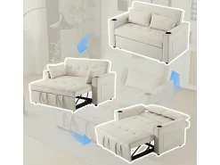 Sofá|DripeX Sofá conversível em veludo - 2 lugares - com 2 travesseiros, bolsos de apoio de braço, suportes de vidro - encosto reclinável - 137x76.5x83cm Bege