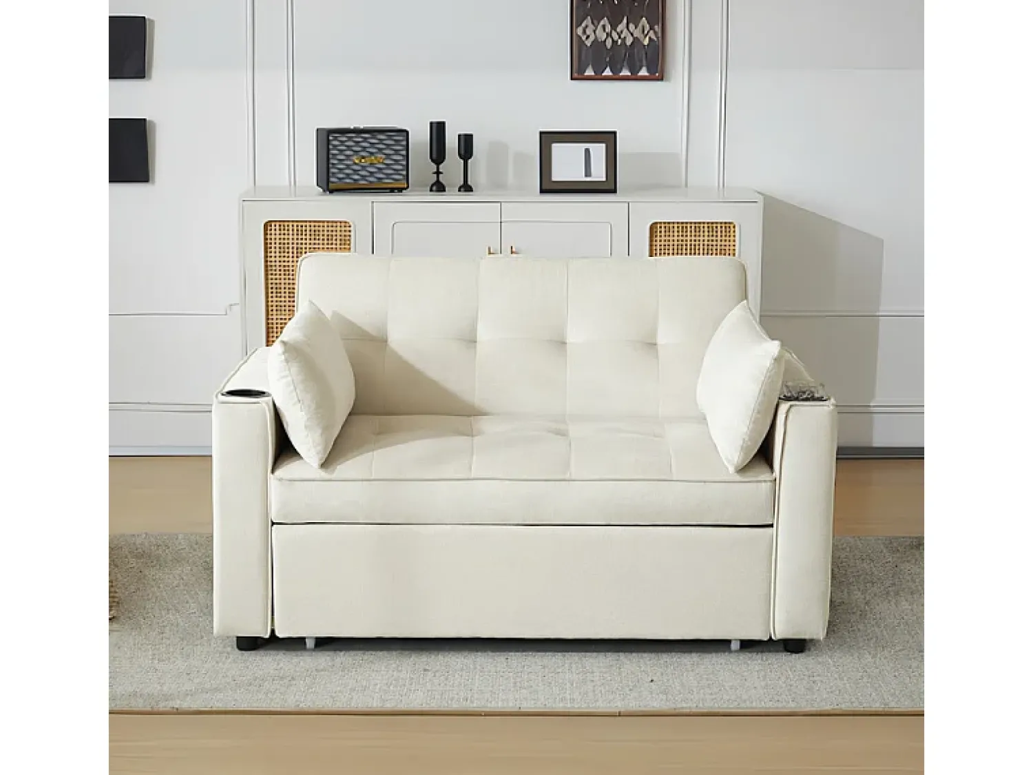Sofá|DripeX Sofá conversível em veludo - 2 lugares - com 2 travesseiros, bolsos de apoio de braço, suportes de vidro - encosto reclinável - 137x76.5x83cm Bege