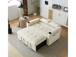 Sofá|DripeX Sofá conversível em veludo - 2 lugares - com 2 travesseiros, bolsos de apoio de braço, suportes de vidro - encosto reclinável - 137x76.5x83cm Bege