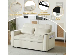 Sofá|DripeX Sofá conversível em veludo - 2 lugares - com 2 travesseiros, bolsos de apoio de braço, suportes de vidro - encosto reclinável - 137x76.5x83cm Bege