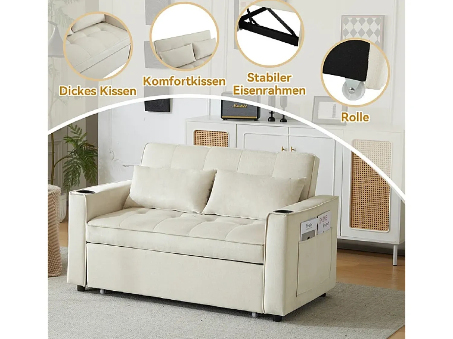 Sofá|DripeX Sofá conversível em veludo - 2 lugares - com 2 travesseiros, bolsos de apoio de braço, suportes de vidro - encosto reclinável - 137x76.5x83cm Bege