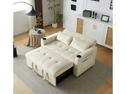 Sofá|DripeX Sofá conversível em veludo - 2 lugares - com 2 travesseiros, bolsos de apoio de braço, suportes de vidro - encosto reclinável - 137x76.5x83cm Bege