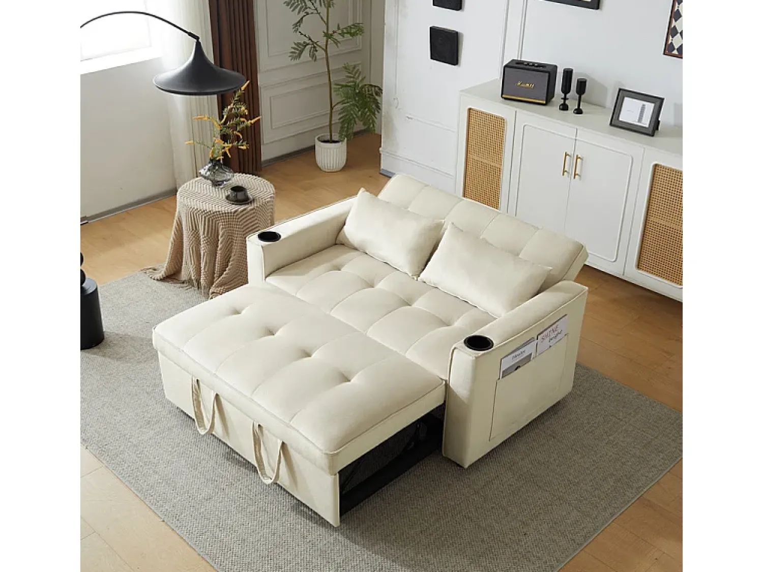 Sofá|DripeX Sofá conversível em veludo - 2 lugares - com 2 travesseiros, bolsos de apoio de braço, suportes de vidro - encosto reclinável - 137x76.5x83cm Bege