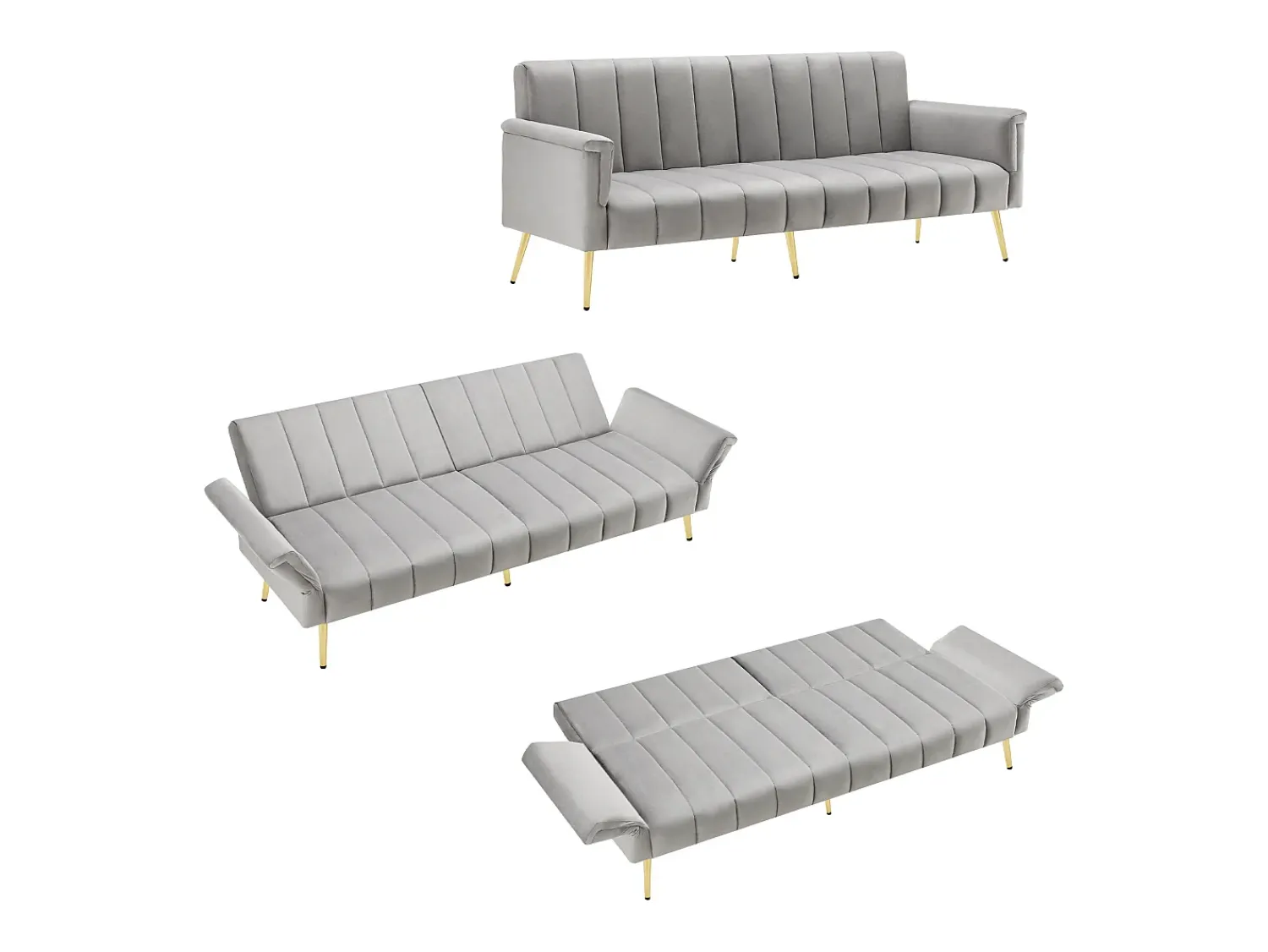Discount Hauss Spole Sofá conversível reto de 2 lugares em veludo cinza claro, encosto e braços dobráveis - 183x76x75cm Cinzento claro