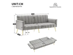 Discount Hauss Spole Sofá conversível reto de 2 lugares em veludo cinza claro, encosto e braços dobráveis - 183x76x75cm Cinzento claro