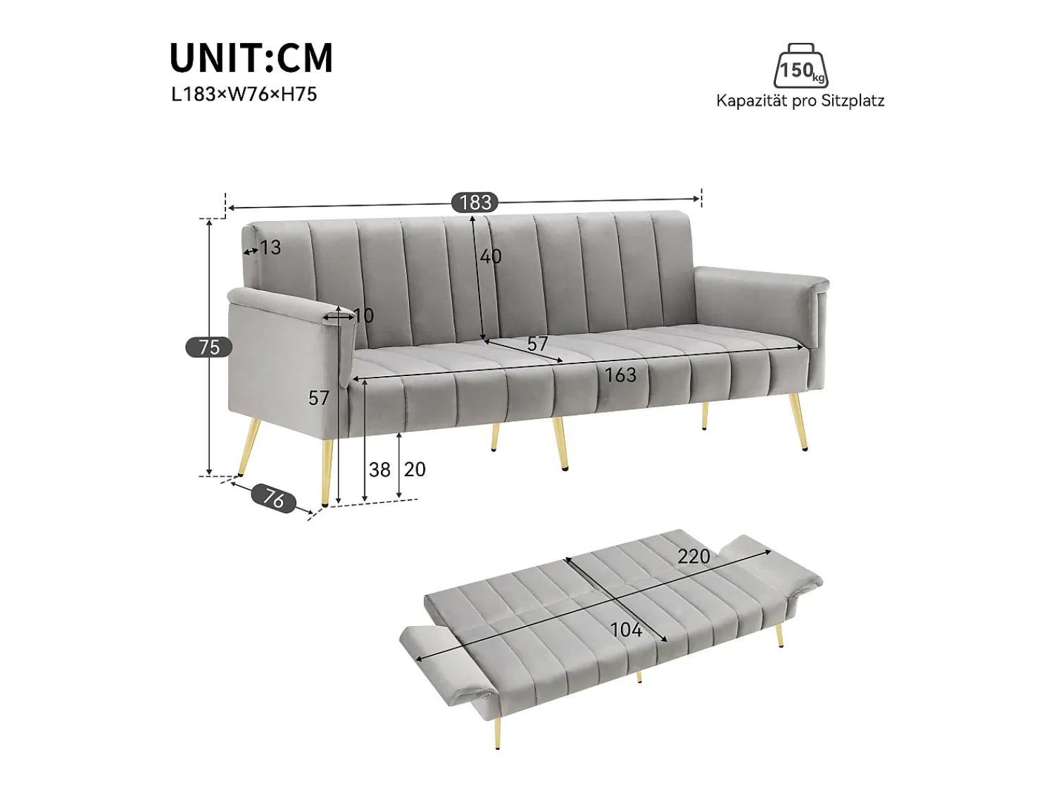 Discount Hauss Spole Sofá conversível reto de 2 lugares em veludo cinza claro, encosto e braços dobráveis - 183x76x75cm Cinzento claro