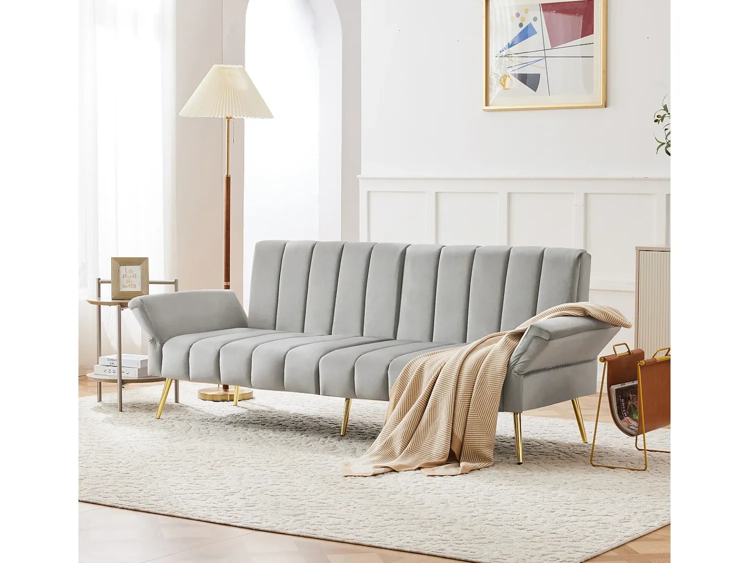 Discount Hauss Spole Sofá conversível reto de 2 lugares em veludo cinza claro, encosto e braços dobráveis - 183x76x75cm Cinzento claro