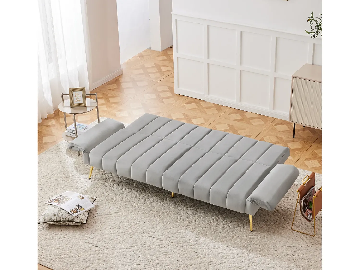 Discount Hauss Spole Sofá conversível reto de 2 lugares em veludo cinza claro, encosto e braços dobráveis - 183x76x75cm Cinzento claro