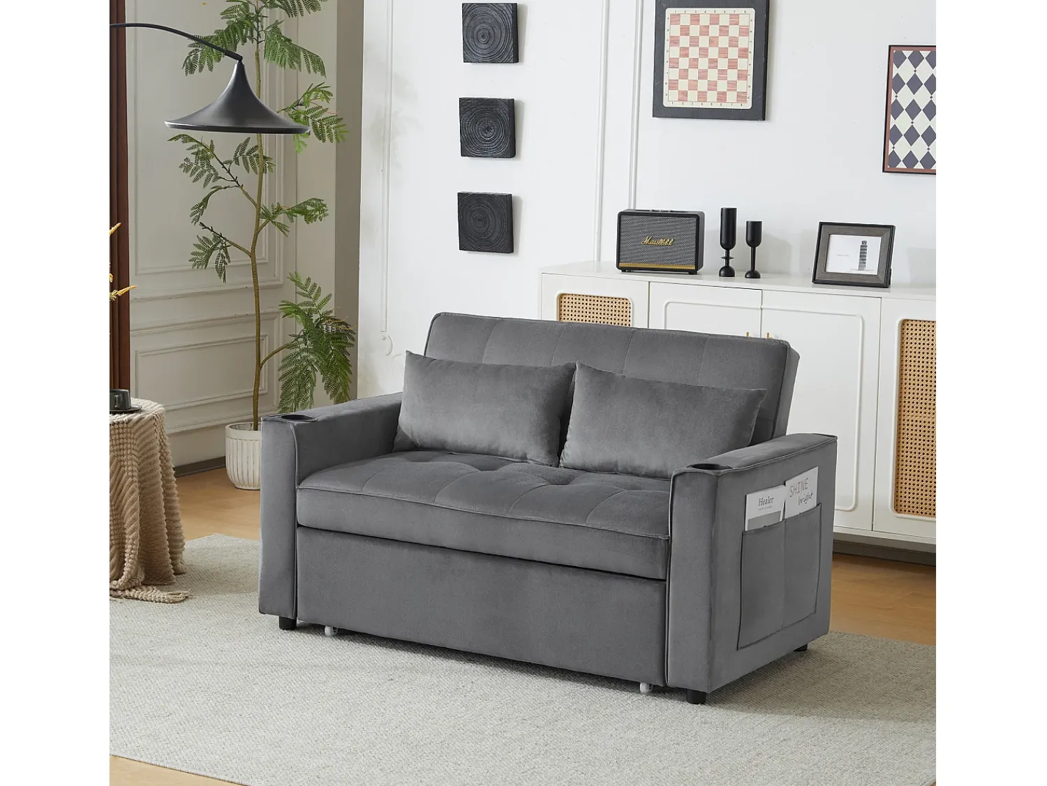 Merax Sofá conversível, Sofá-cama dobrável de veludo - 137 x 76,5 x 86 cm - com função dormir - Cinza^ Sofá