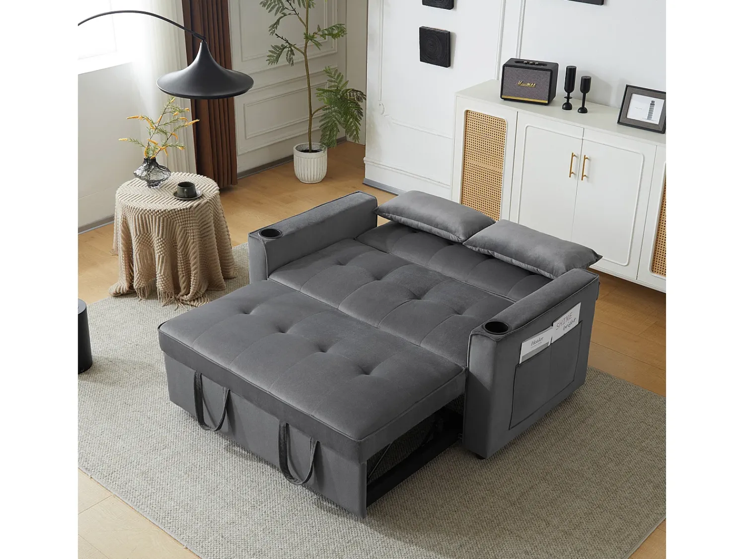 Merax Sofá conversível, Sofá-cama dobrável de veludo - 137 x 76,5 x 86 cm - com função dormir - Cinza^ Sofá