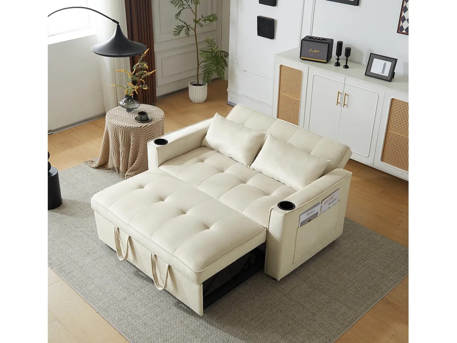 Sofá*Merax Sofá conversível, Sofá-cama dobrável de veludo - 137 x 76,5 x 86 cm - com função dormir - Bege