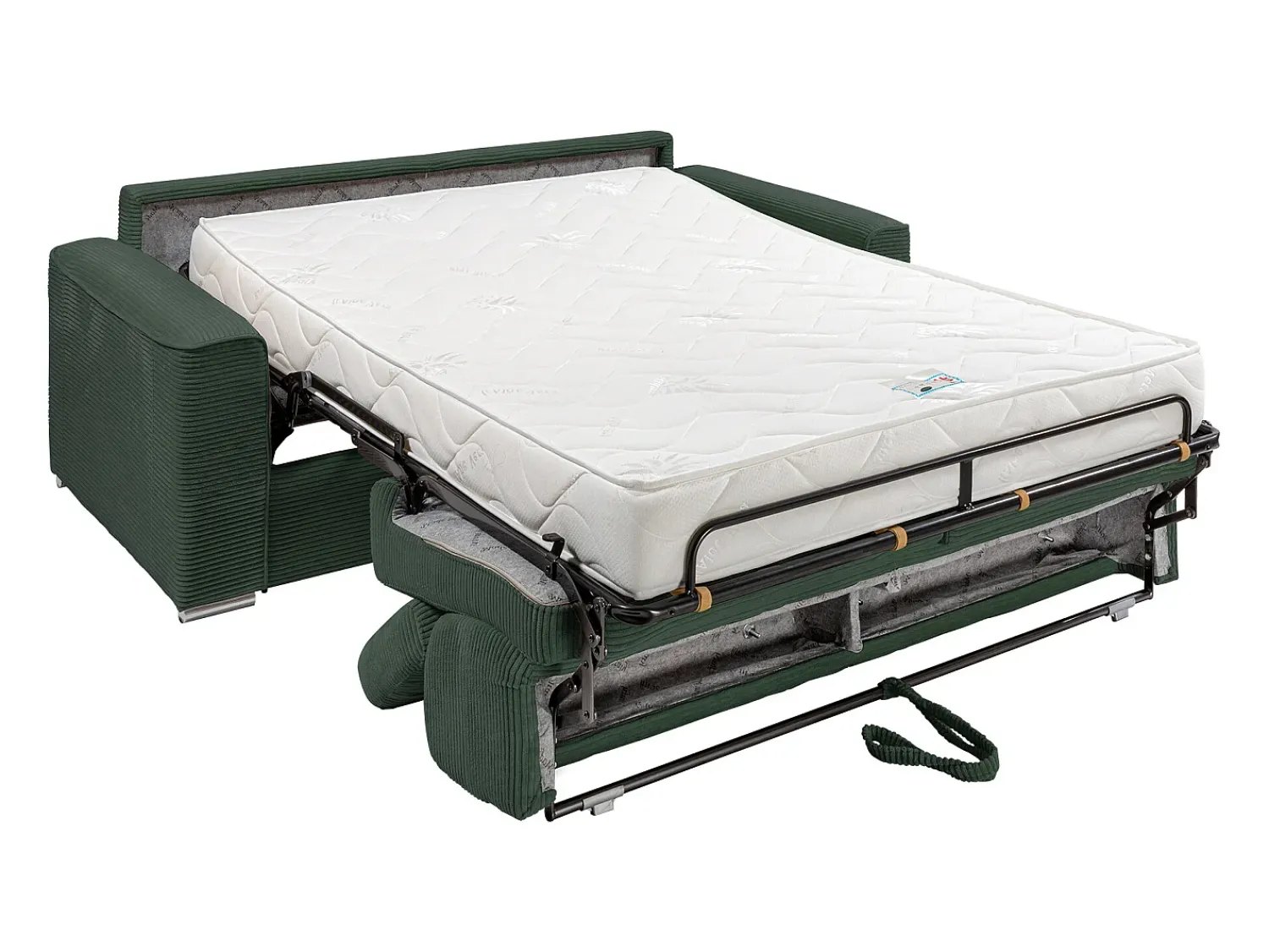 Sofá|Vente-unique Sofá convert. abert. ráp. veludo canel. , cama ripas largas 160cm, colchão 18cm VIZIR Verde