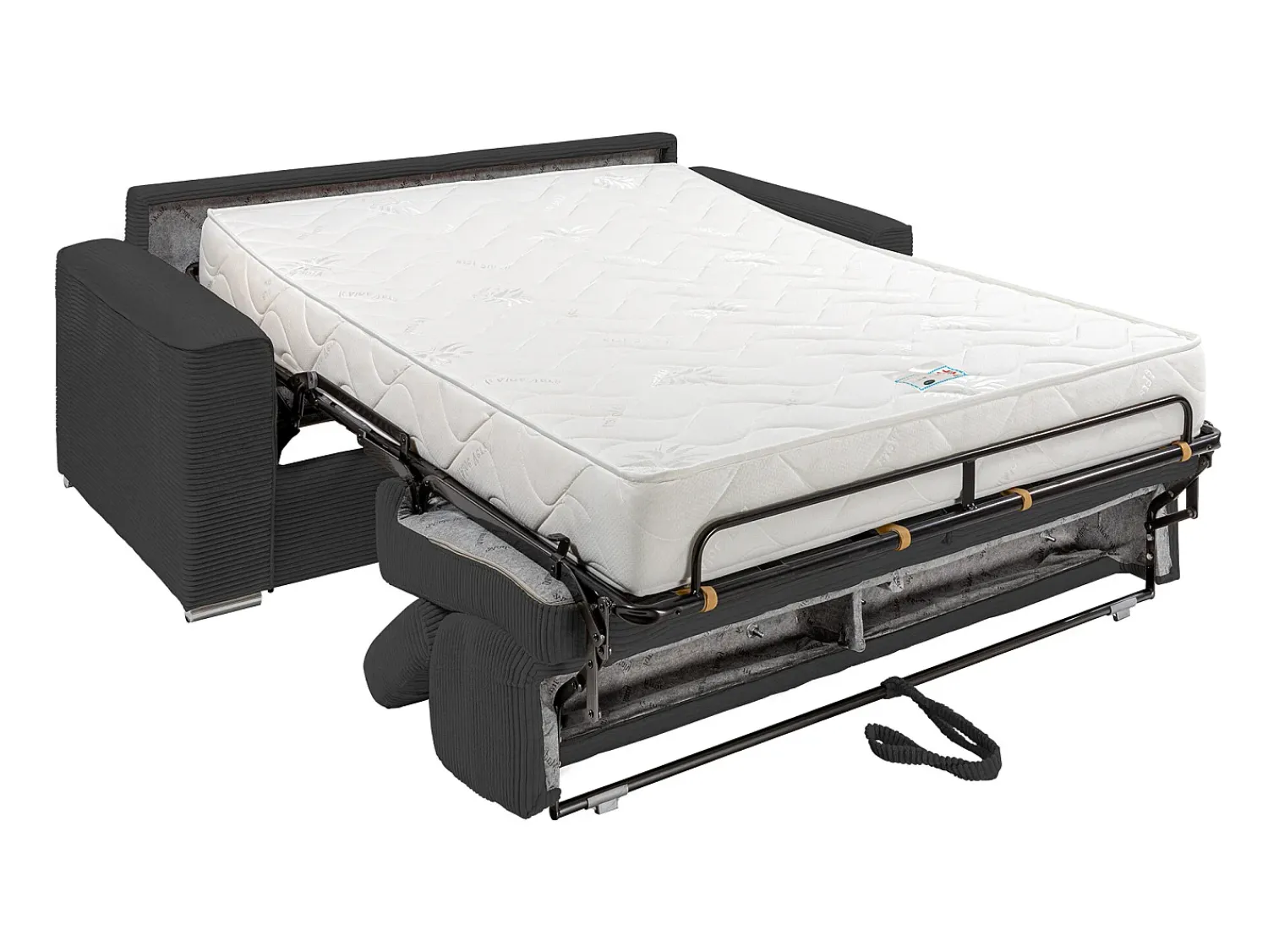 Sofá*Vente-unique Sofá convert. abert. ráp. veludo canel. cinza, cama ripas largas 140cm, colchão 22cm VIZIR Cinzento
