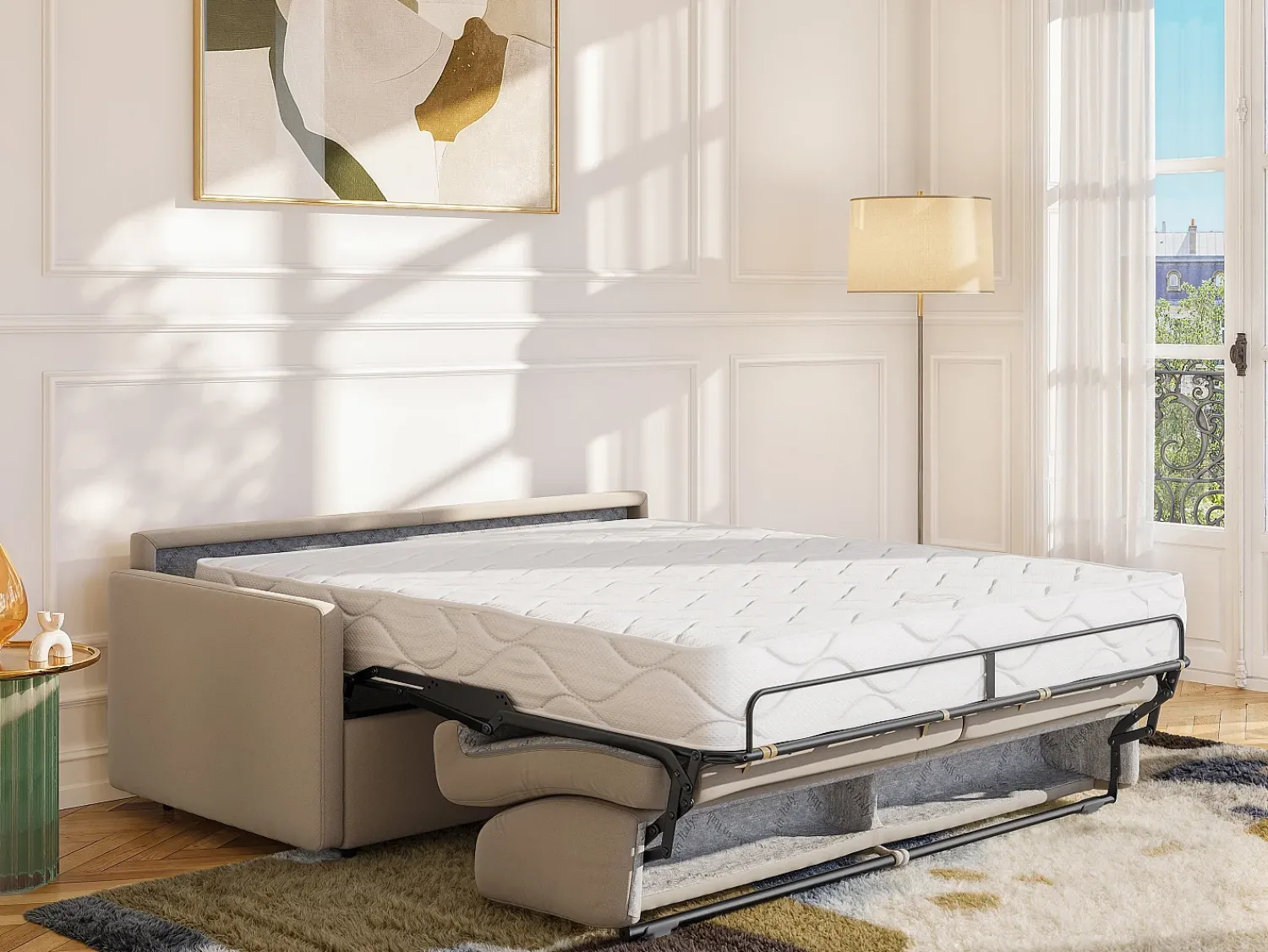 Clearance Vente-unique Sofá convertível abertura rápida tecido assento espuma com assento de memória de forma 120 cm colchão 22 cm CALIFE Bege