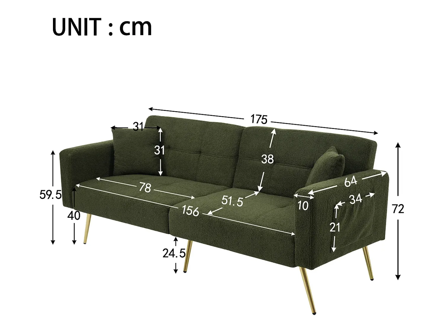 Sofá|ModernLuxe Sofá convertível com encosto ajustável - 2 lugares - Tecido turco francês - Verde