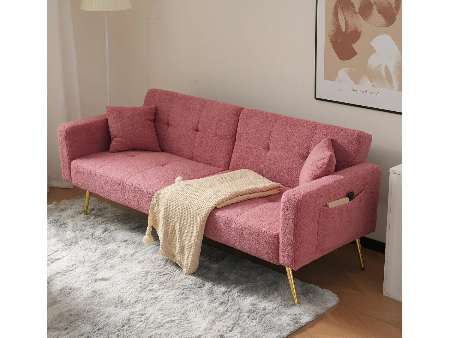 Online ModernLuxe Sofá convertível com encosto ajustável - 2 lugares - Tecido Terry Francês - Rosa