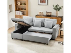 Sofá|ModernLuxe Sofá convertível de 3 lugares em tecido de linho - com arrumação e bolsos laterais - Cinza claro Cinzento claro