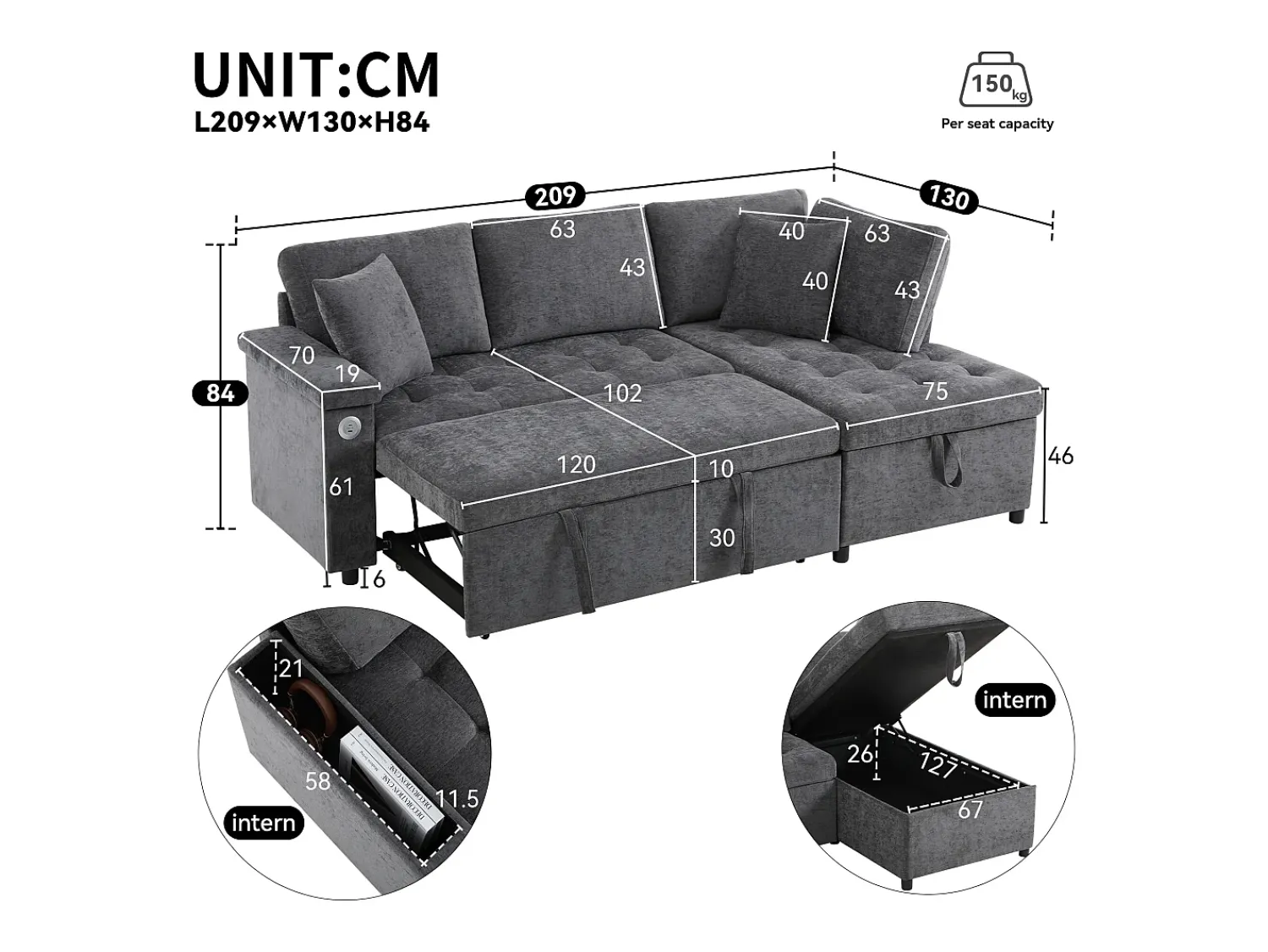 New Hauss Spole Sofá convertível de 3 lugares com espaço de arrumação, porta USB e 2 almofadas - Tecido chenille Cinzento