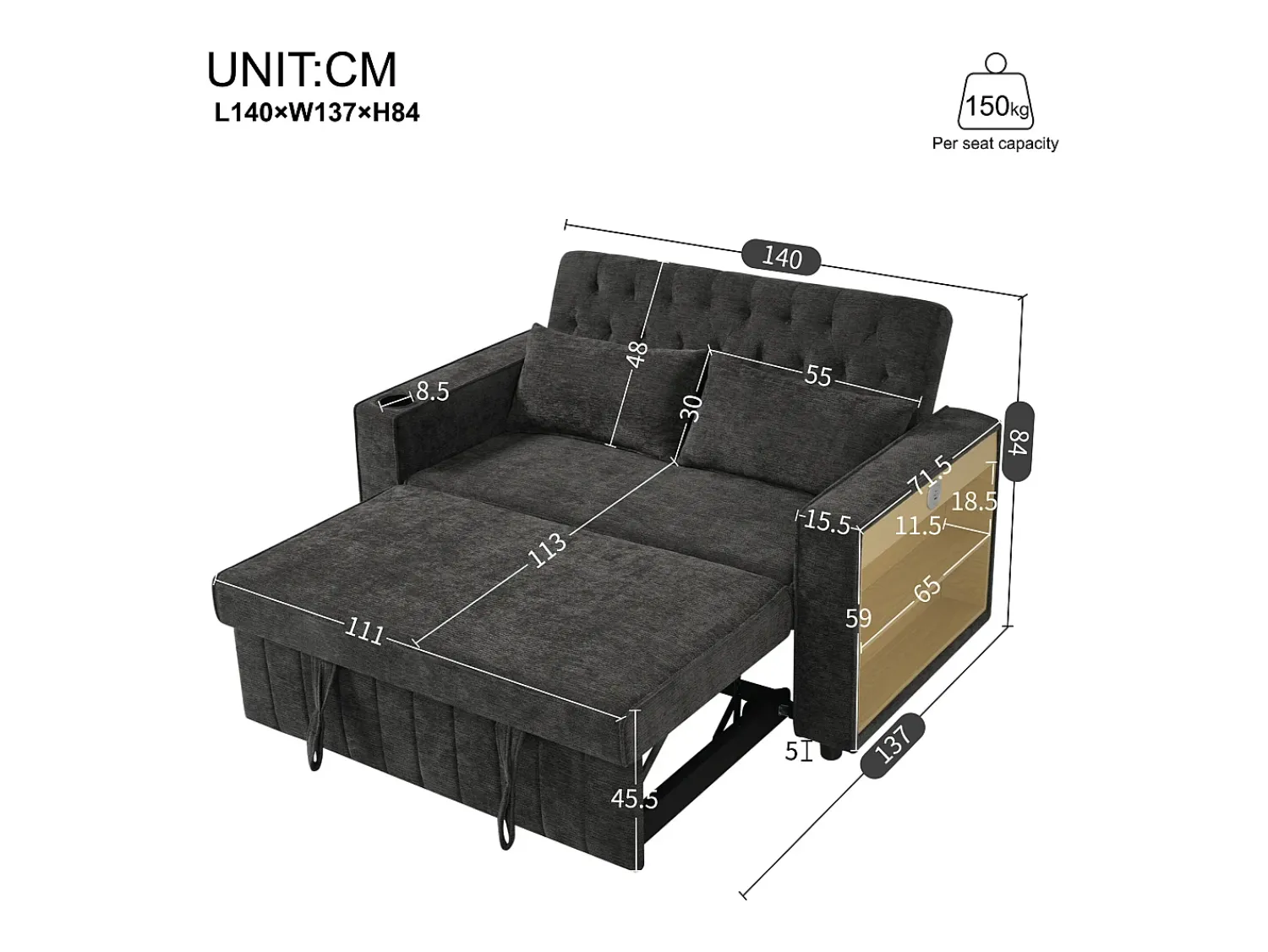 Sofá*Hauss Spole Sofá convertível de 2 lugares com entradas USB, suporte para copos e espaço para arrumação - Chenille Cinzento