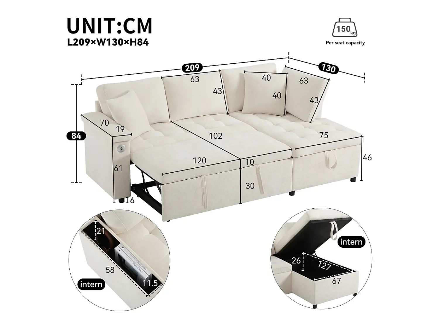 Sale Hauss Spole Sofá convertível de 3 lugares com espaço de arrumação, porta USB e 2 almofadas - Tecido chenille Bege