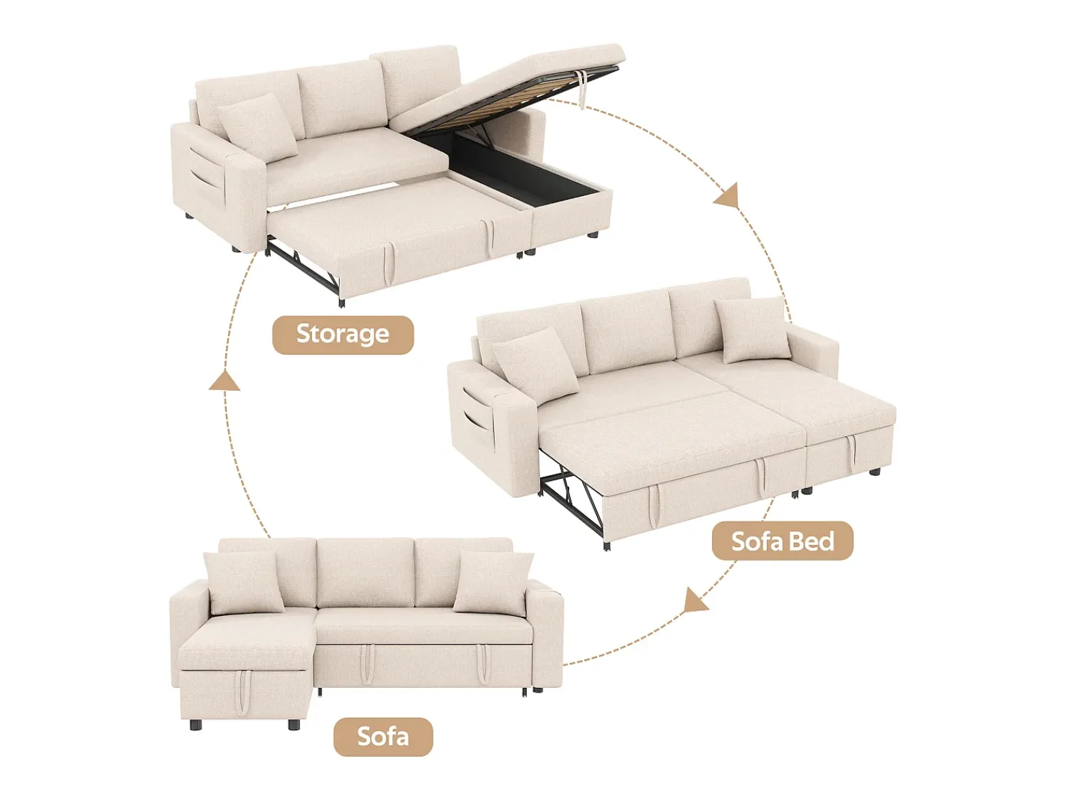 Sofá|Hauss Spole Sofá convertível em L de 3 lugares com função de cama - Chaise longue com espaço de arrumação - Linho Bege