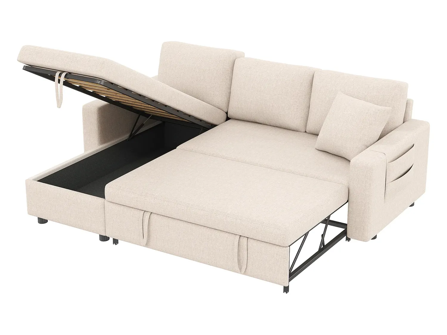 Sofá|Hauss Spole Sofá convertível em L de 3 lugares com função de cama - Chaise longue com espaço de arrumação - Linho Bege