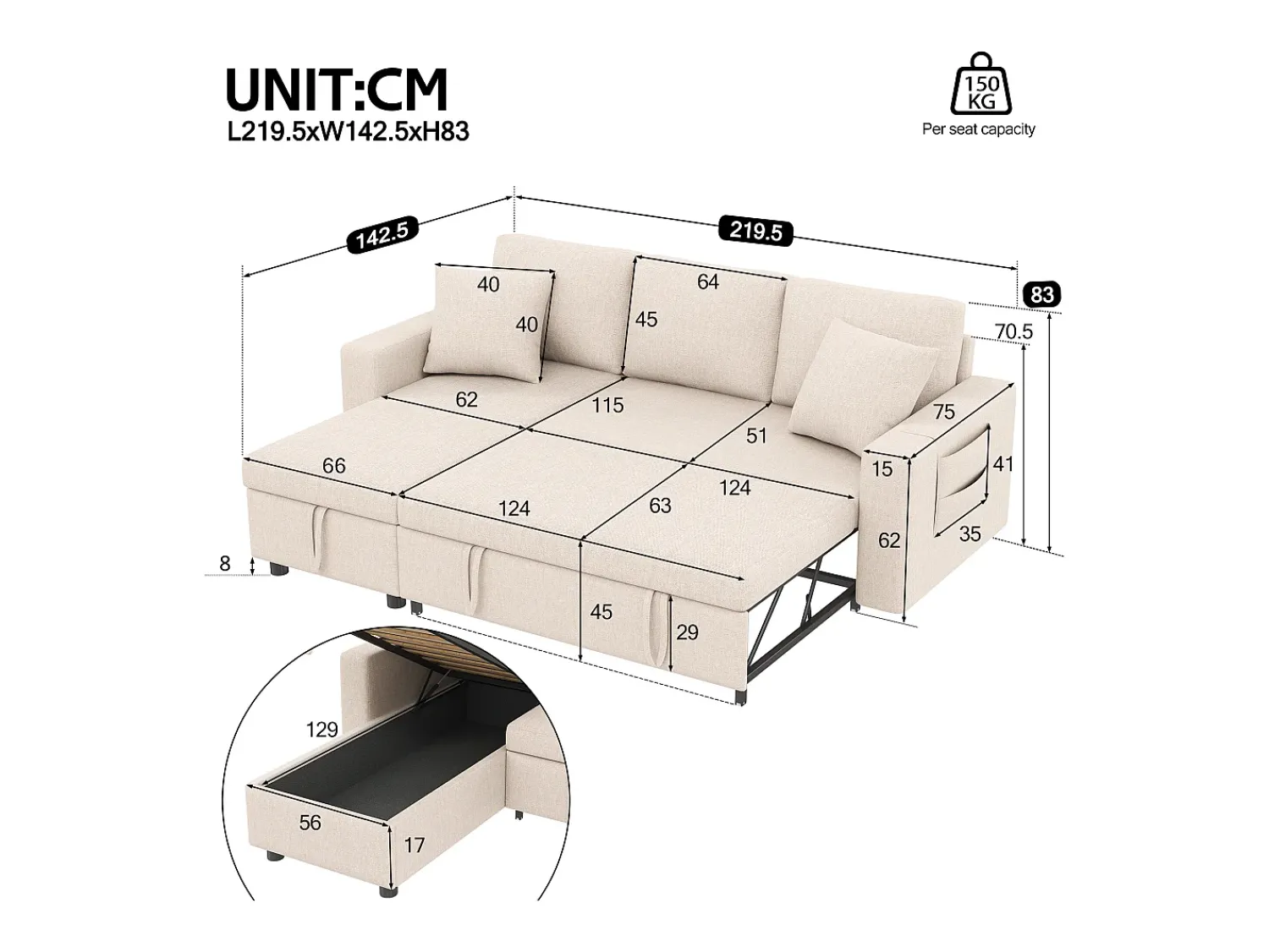 Sofá|Hauss Spole Sofá convertível em L de 3 lugares com função de cama - Chaise longue com espaço de arrumação - Linho Bege