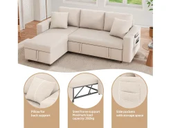Sofá|Hauss Spole Sofá convertível em L de 3 lugares com função de cama - Chaise longue com espaço de arrumação - Linho Bege